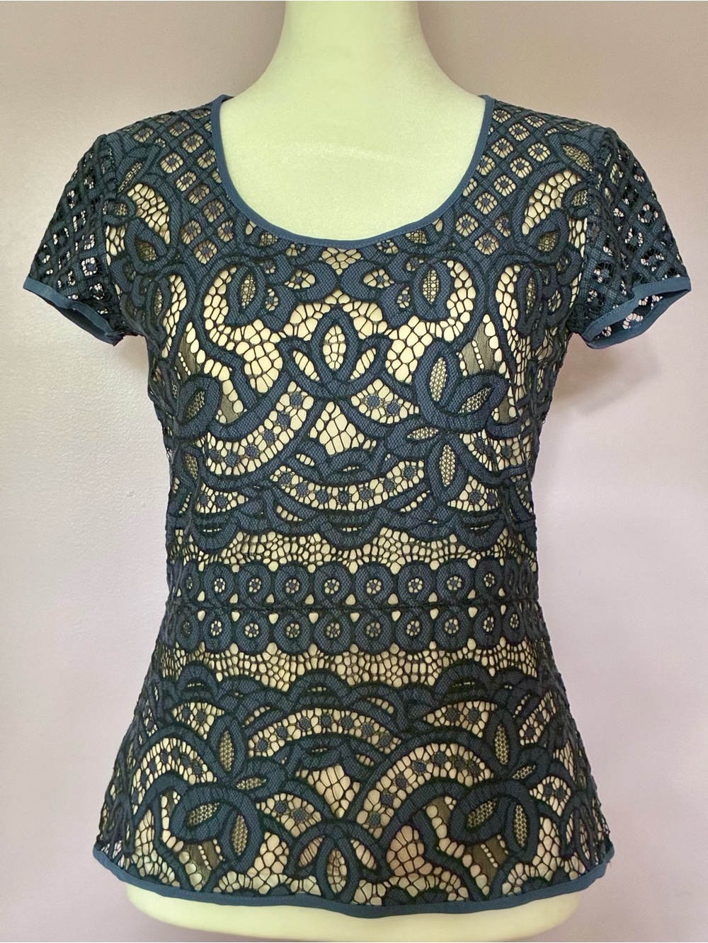 Petite Baltic Blue Lace Crochet Overlay Short Sleeve Top